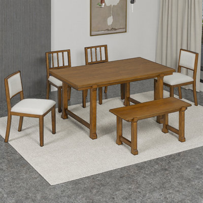 6‑Piece Farmhouse Dining Set for 6 – 60″ Rectangular Table with Solid Wood Legs, 2 Open‑Slat Chairs + 2 Upholstered Chairs + Storage Bench – Ergonomic Dual‑Style Seating for Kitchen, Dining Room, or Farmhouse