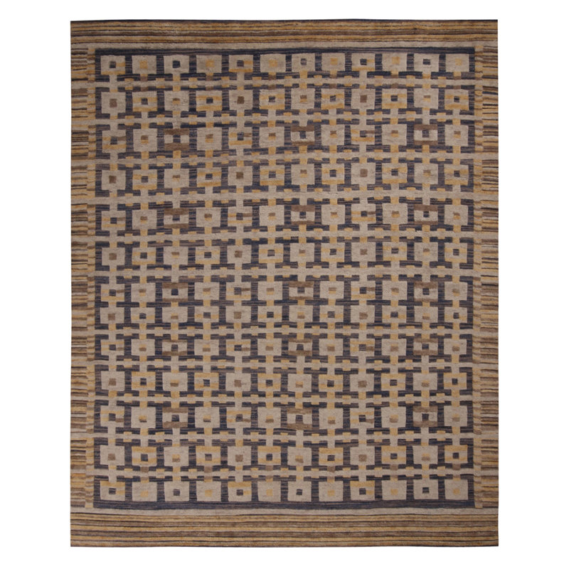 Rug & Kilim’S Scandinavian Inspired Gold Gray And Blue Wool Rug, Rectangle 14' x 20'