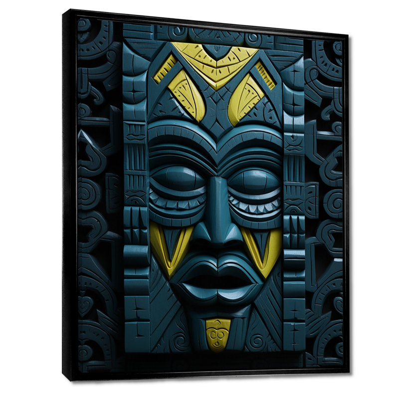 Indigène tribal masque jaune rouge - Masque africain, impression d'art mural, Toile avec cadre flottant noir