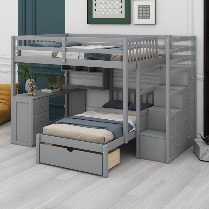 Bunk Bed With Desk, Drawers And Shelves, Gray