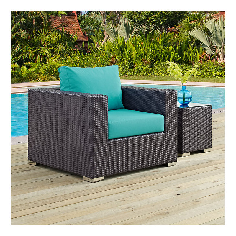 Fauteuil d'extérieur en rotin avec coussins Convene, Turquoise