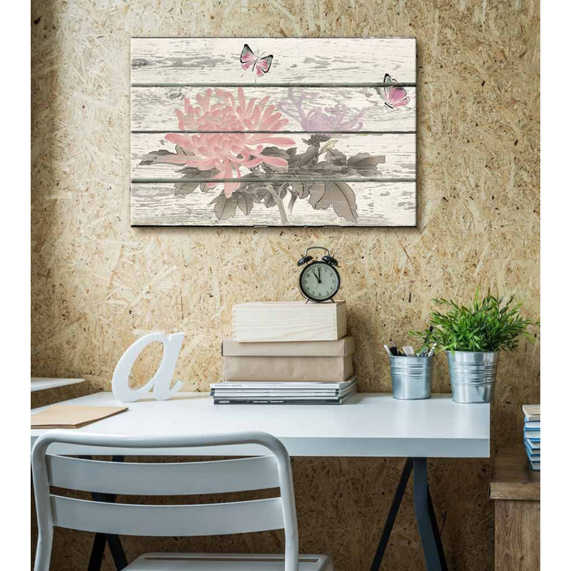 Fleur, papillons et fleurs, rose et bleu, œuvre d'art rustique, H 16 po x l 24 po