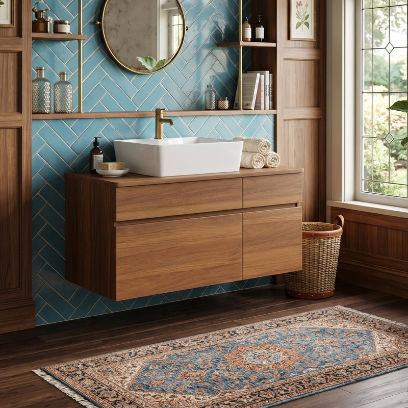 Meuble-lavabo mural 31,5 po avec lavabo vasque en céramique, armoire en bois massif avec 1 tiroir et 2 portes souples, Noyer