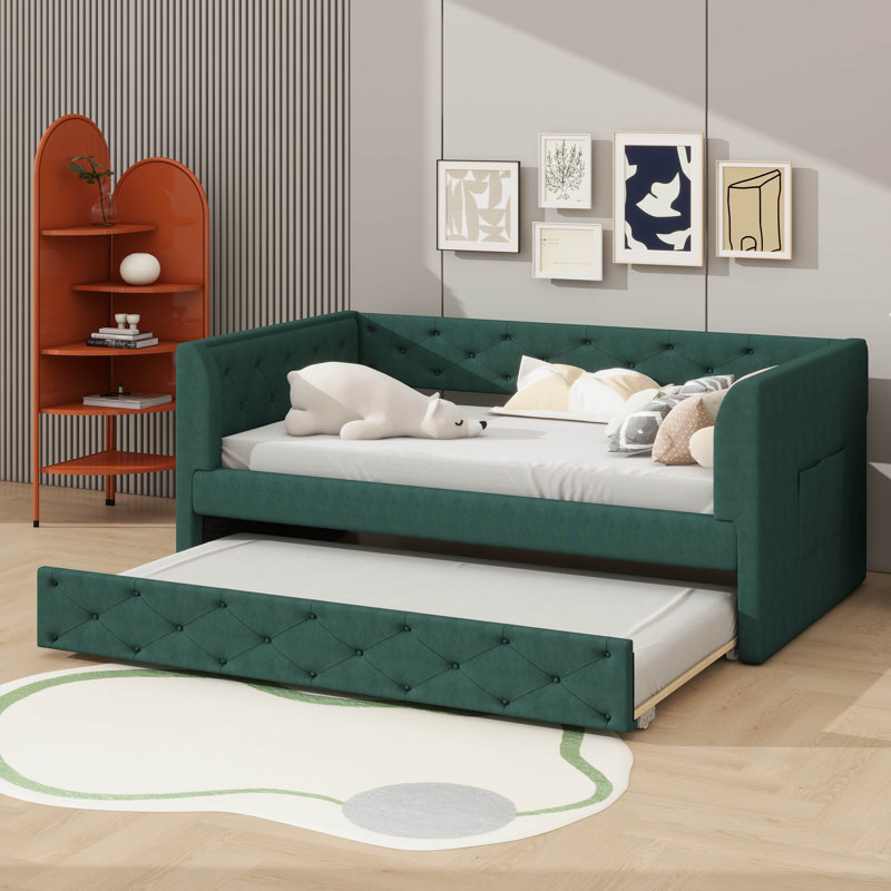 Lit de jour simple en velours capitonné avec lit gigogne caché, Vert