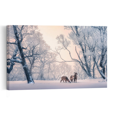 «Winter Deer Dawn Delicate Peaceful Serene Deer Horse Forest Landscape», reproduction d'art mural