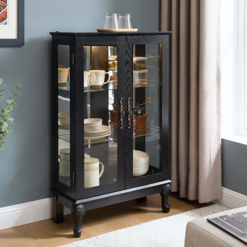 Curio Cabinet With Tempered Glass Doors, Lighted Display Cabinet With Mirrored Back Panel & Adjustable Shelves Perfect For Home Or Office (Light Bulb Included)