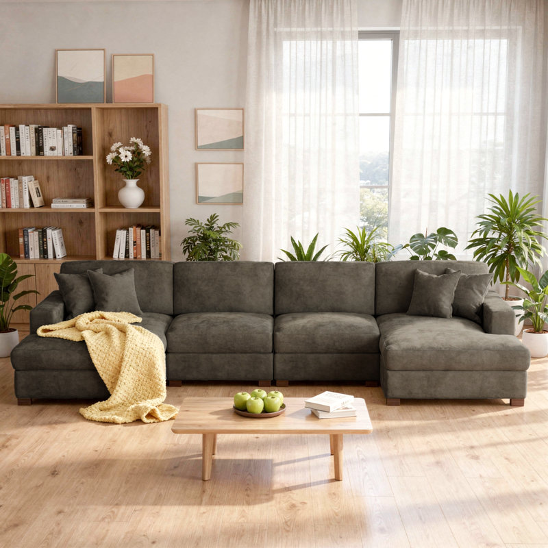 4 - Piece Upholstered Camel Chenille Modular Sectional Sofa with Armrests & Throw Pillows, Camel Chenille
