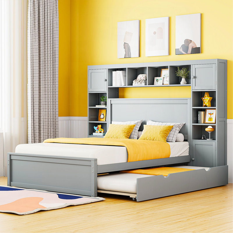 Lit double en bois avec armoire tout-en-un, tablette et prises, lit gigogne simple, gris, Gris