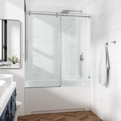 68-73" W X 66" H Frameless Single Sliding Shower Tub Door with 3/8" (10mm) Clear Tempered Glass, Shatter-Resistant Film & Installation Hole Locator - Square Top Rail
