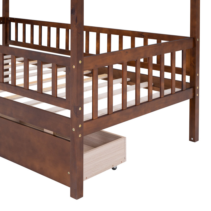 Spacieux lit simple en bois, finition noyer avec tiroirs de rangement