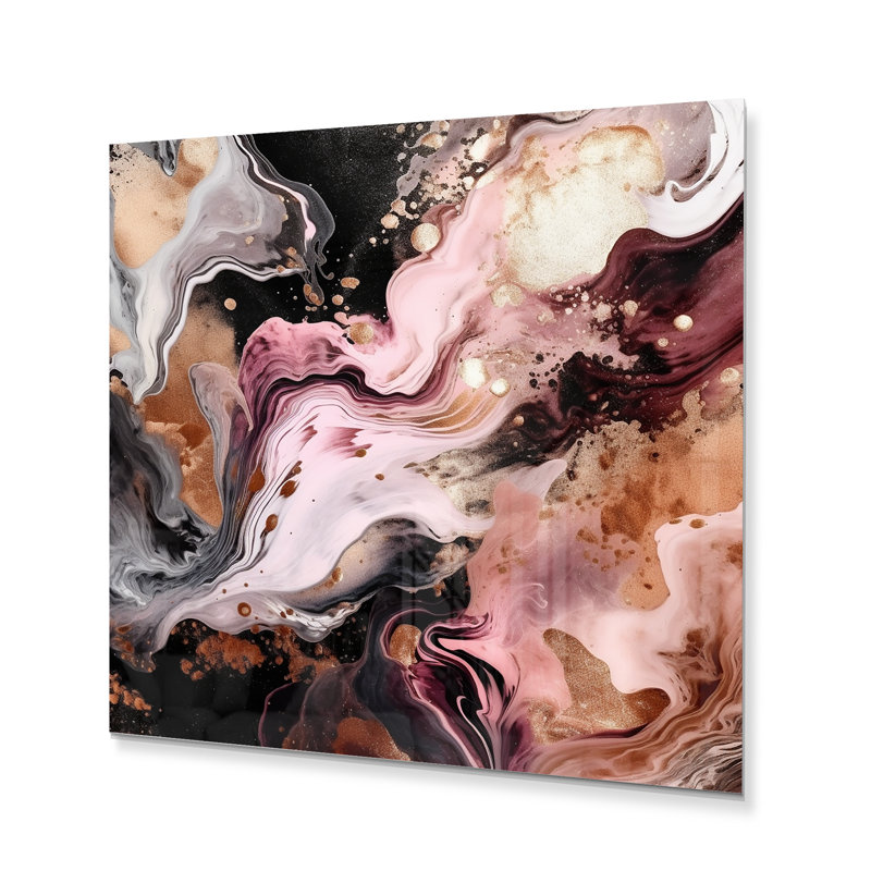 Agate rose rose et noire I - Impression abstraite sur métal, H 29 po x l 29 po x P 1 po