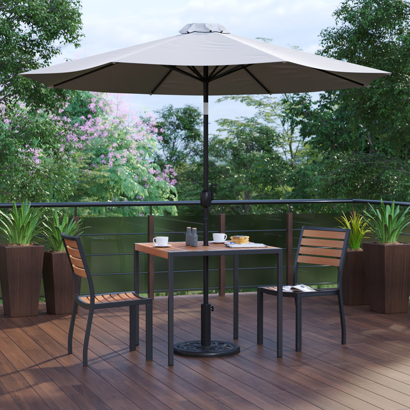 Abi-Louise Faux Teak Patio Table, 2 Chairs & 9FT Patio Umbrella with Base, Gray Umbrella