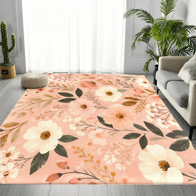 Tapis floral rétro rose, blanc et rose, doux motif floral romantique, tapis antidérapant lavable à la machine, décoration intérieure artistique pour le salon, la chambre à coucher, le vestibule, la cuisine