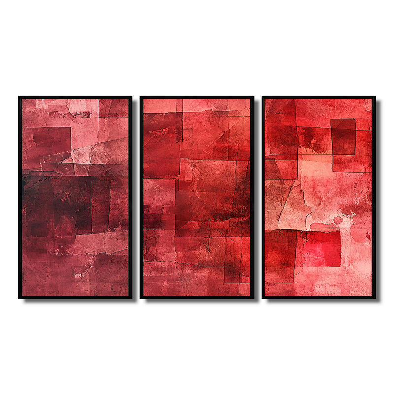 «Cubist Red Secrets - Abstract Collages», ensemble d'art mural, Cadre flottant noir, H 40 po x l 60 po x P 1 po