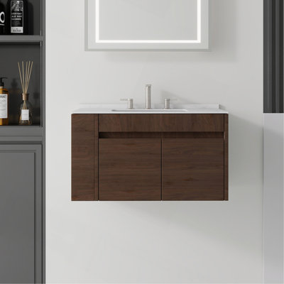 Meuble-lavabo flottant 36 po avec lavabo, porte à fermeture douce, comptoir et dosseret en granite de culture 2 po, contreplaqué
