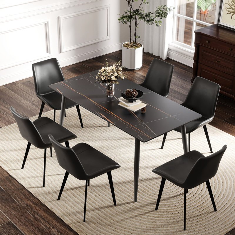 Table de salle à manger rectangulaire de 63,13 po de style moderne, plateau en pierre frittée, pieds en métal gris foncé, facile à entretenir - Scratch avec base stable, Scratch, chaleur