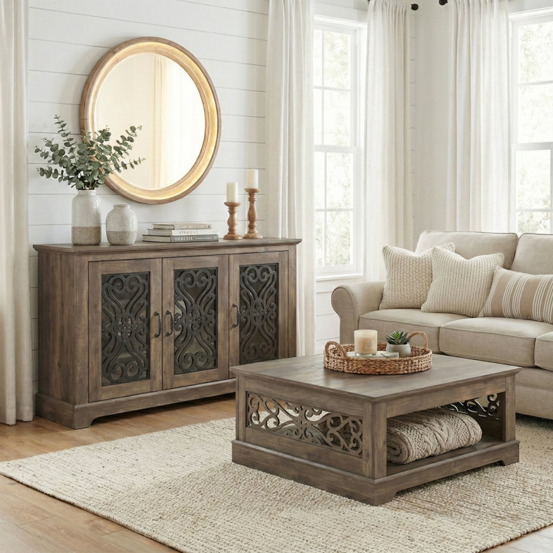 Korbin Traditional 2 Piece Sideboard And Coffee Table Living Room Set, Knotty Oak, Knotty Oak