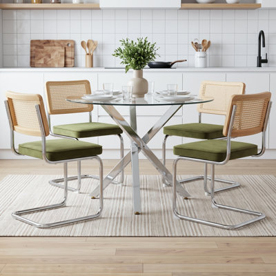 Ensemble de table de salle à manger 39 pouces moderne en verre trempé avec chaises en velours