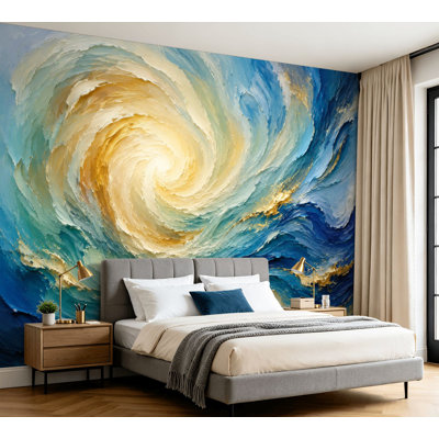 Wall Mural Peel and Stick Wallpaper Abstract Swirling Ocean Wave Art Golden Highlights Self-Adhesive Removable Contact Paper Wall Decor for Living Room Bedroom 100"H x 144"W