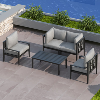 Patio Furniture Set With Cushion, 5 Pcs Aluminum Outdoor Sectional Sofa Set With Chair, Table | All Weather Use Modular Seating Conversation Set For Poolside Backyard, Frame With Grey Cushion
