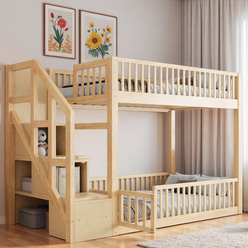 Lit superposé au sol avec escalier de rangement et garde-corps, Naturel