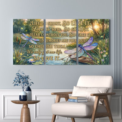 Ensemble de 3 toiles murales représentant une scène de jardin avec libellules et nénuphars, pour la décoration du salon, de la chambre et de la maison.