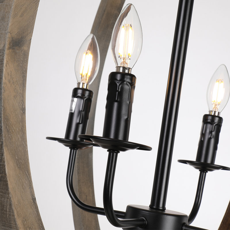 Lustre globe en bois 4 lumières Sachar, H 26 po x l 24,4 po x P 24,4 po, Marron foncé