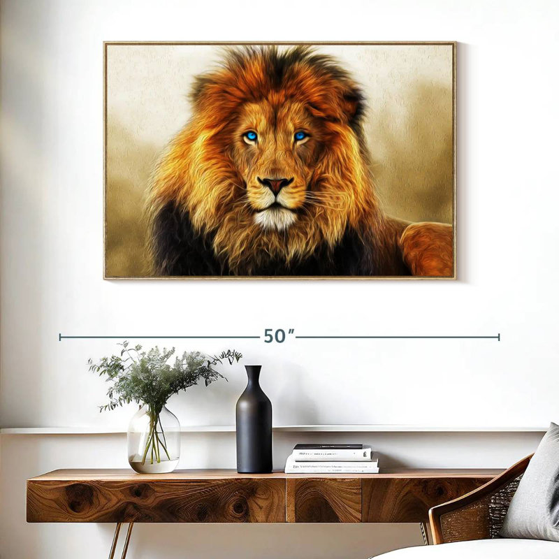 Lion aux yeux bleus, Cadre flottant en bois naturel, 40 po x 27 po