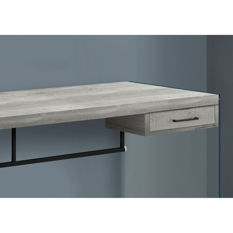 Bureau moderne de 122 cm (48 po) de long, stratifié gris, plateau en verre trempé transparent, meuble de rangement pour bureau à domicile, tiroirs, style contemporain