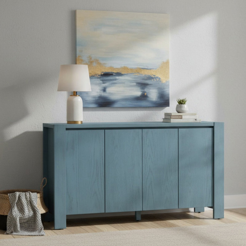 59.03" Buffet Cabinet with Storage, 4-Door Retro Wood Sideboard with Distressed Finish and Adjustable Shelves for Dining Room, Kitchen