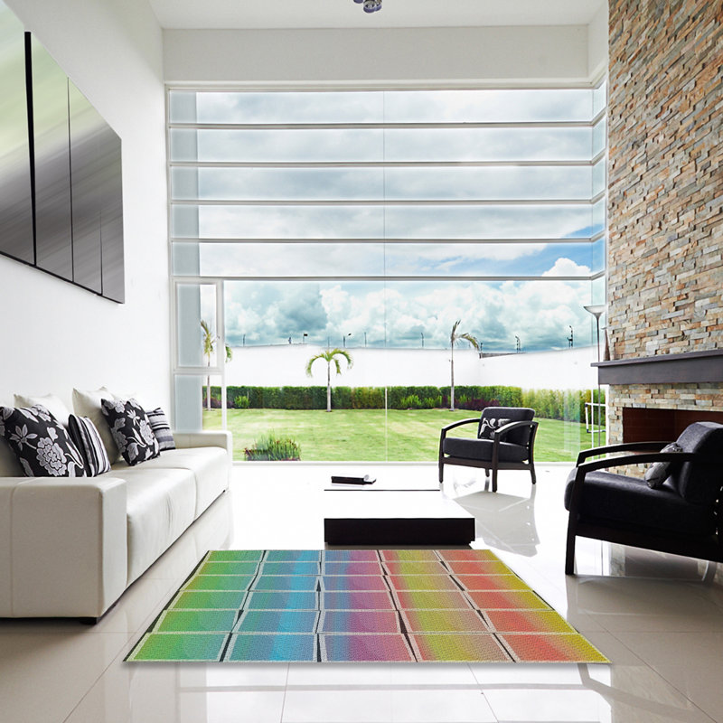 Tapis orange/bleu/zone jaune à motifs, Carré 4 pi
