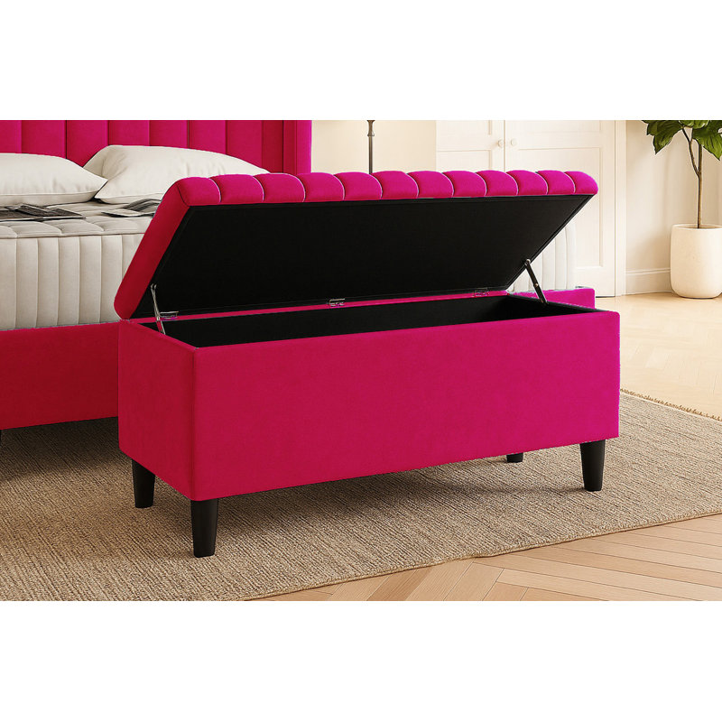 Plush Velvet Lined Upholstered Ottoman Storage Box with Wooden Legs, Claret Red, 45cm H X 150cm W X 40cm D
