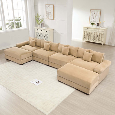 Canapé modulaire surdimensionné en velours côtelé 4 places avec accoudoirs extra-épais et 2 repose-pieds Premium