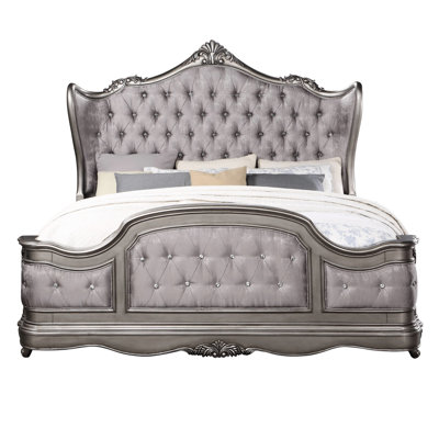 Velvet & Antique Platinum Bed - . King For A Regal Bedroom, Padded Headboard And With Ornate Tufting, Synthetic Wood Frame Elegant Style Covering Silver Hue, Intricate Button Tufting An Made From