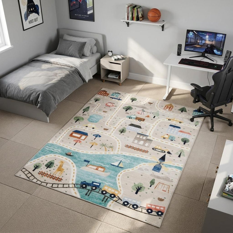 8' X 11' Gray Brown and Blue Juvenile Transportation Youthful Area Rug