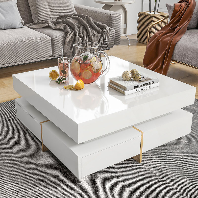 Table basse moderne ultra brillante avec 4 tiroirs, table basse carrée