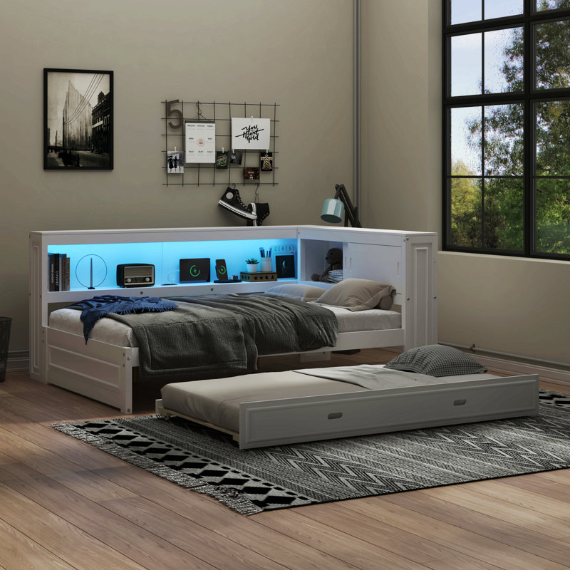 Lit de jour en bois pleine grandeur avec tablettes de rangement, USB, DEL et lit gigogne, blanc, Blanc