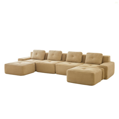 153" Modern U-Shaped Modular Sectional Sofa For Living Room, Corduroy Fabric,4-Seater Couch With Deep Seat And 2-Movable Ottoman,Pearl-Like Piping, Tufted Design, No Assembly, Anti-Slip Design​