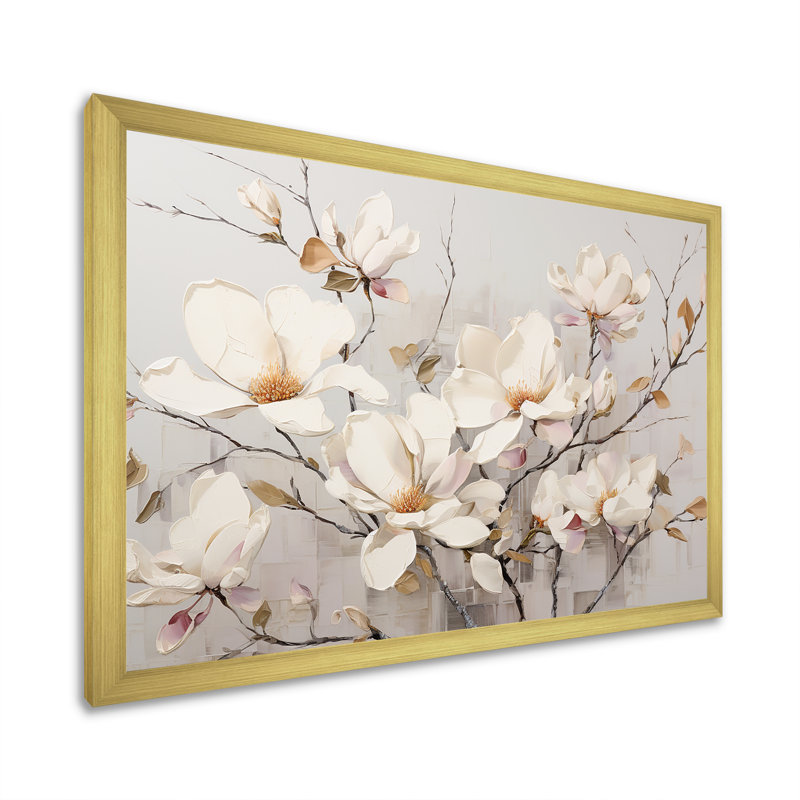 «White Elegance In Magnolias», art mural sur toile Magnolias, H 24 po x l 32 po x P 1 po, Cadre doré simple