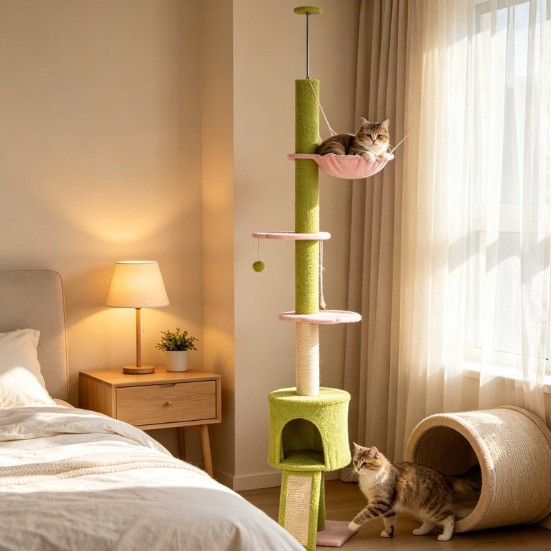 220‑240cm Adjustable Floor‑to‑Ceiling Cat Tree with Hammock, Condo & Scratching Posts, Green