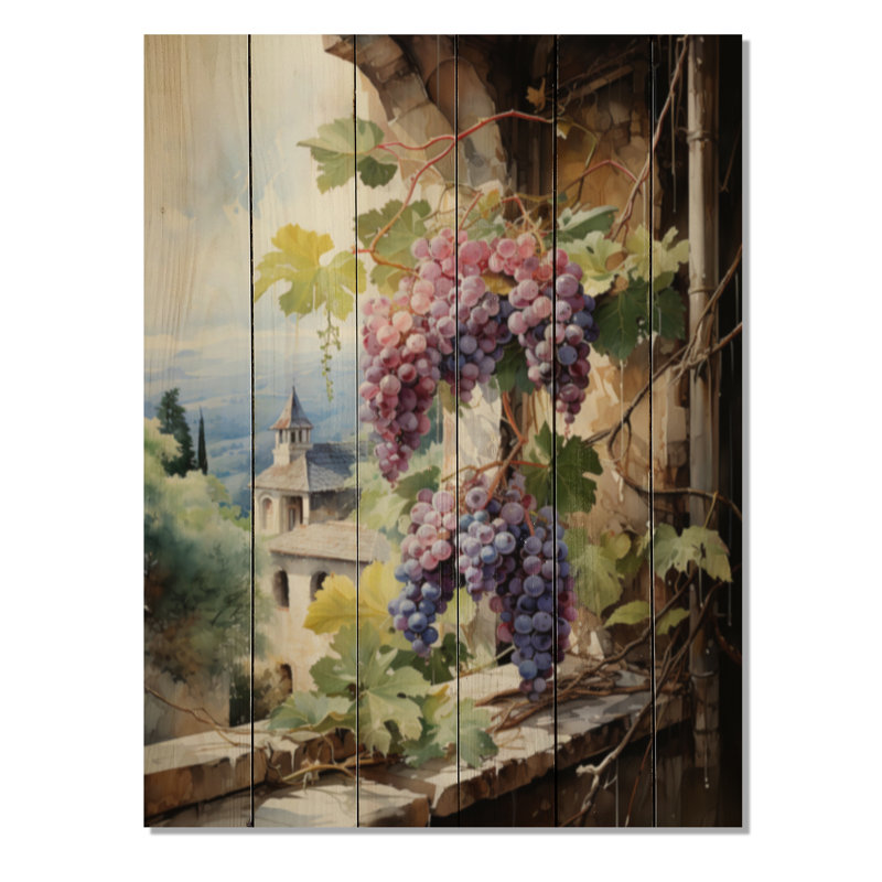 Motif de vignes vertes et mauves sur bois, H 32 po x l 24 po x P 0,78 po