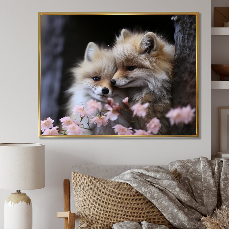 «Springtime Foxs Gaze I», art mural animal, Cadre flottant doré, H 16 po x l 32 po x P 1 po