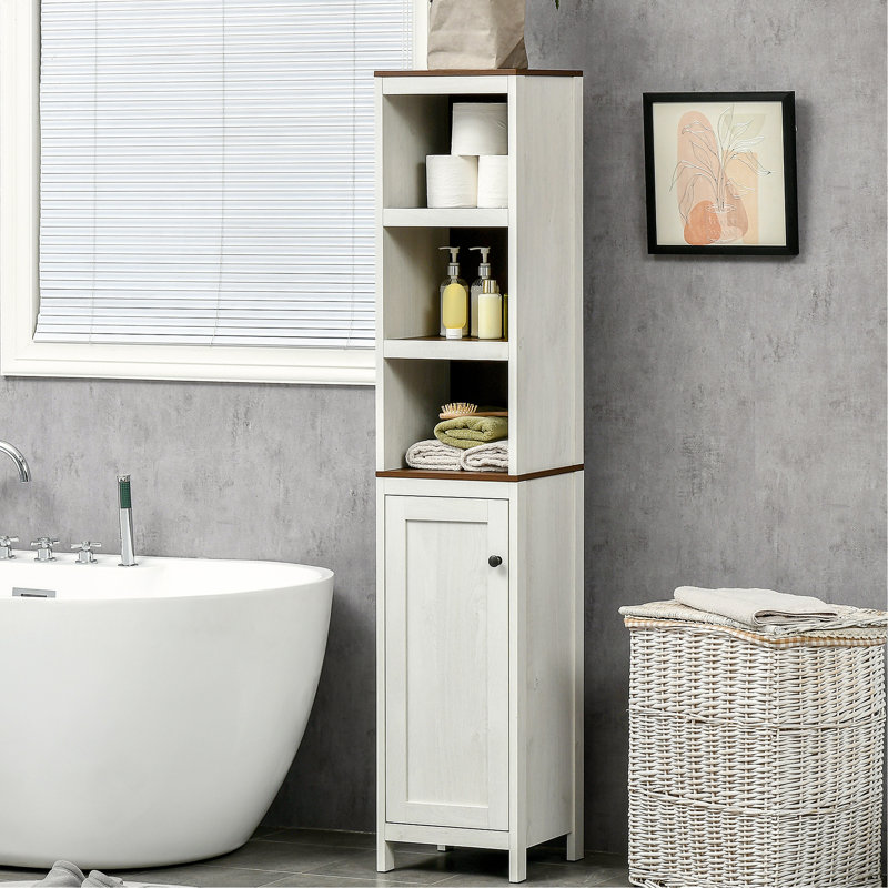 Grande armoire de rangement pour salle de bain - Tour autoportante en blanc antique avec 3 tablettes ouvertes et une tablette réglable. Compact pour les espaces étroits. De nombreuses options. Stable et sécuritaire. L 12,5 po x l 11,75 po x H 63,5 po