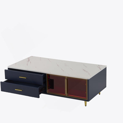 Modern Navy Blue Coffee Table With 2 Glass Door Storage, 4 Drawers, Gold Metal Legs