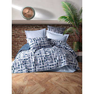 Ensemble de housse de couette 100% coton bleu / gris / blanc Milburn