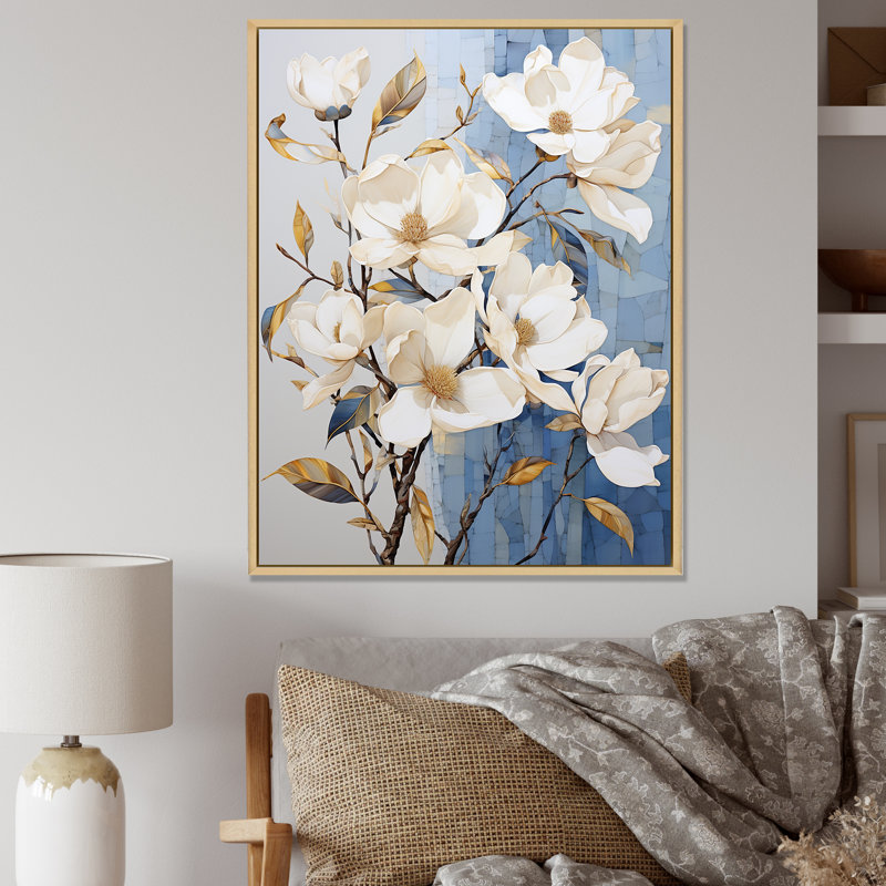 «Elegant White and Blue Magnolias Bloom II», reproduction sur toile, Cadre naturel flottant, 32" H x 24" W