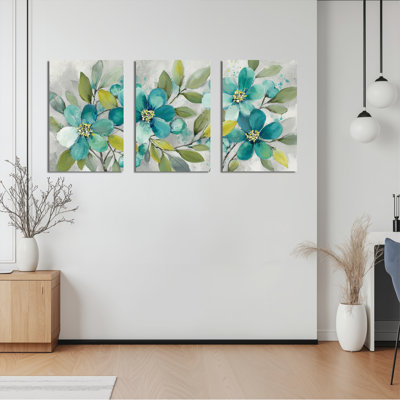 Teal Blue Floral Watercolor Canvas Wrapped Wall Art Oil Painting Print Set of 3 for Living Room Bedroom Home Decor