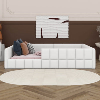 Woollen Upholstered Daybed With Semi-Enclosed Safety Rails, Floor Bed For Kids Boys Girls, No Box Spring Required