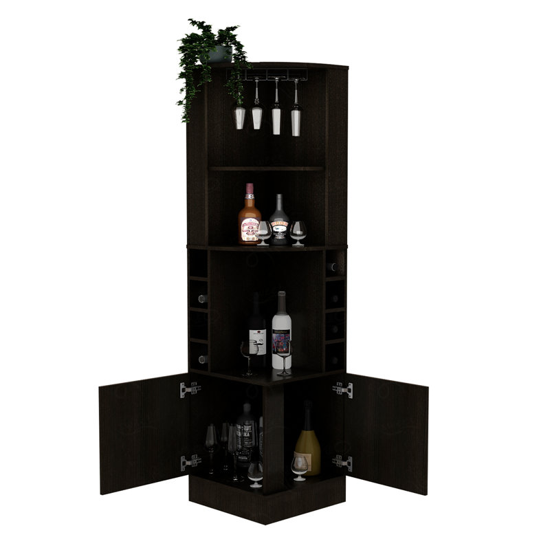 Armoire de bar d'angle, avec deux tablettes en haut, 1 porte-verre, 8 porte-bouteilles extérieurs