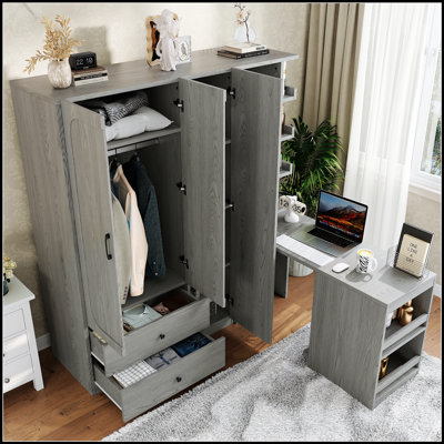Multifunctional Wardrobe with 2 Doors, Hanging Rod, Convertible Desk, and Storage Drawers for Versatile Bedroom Organization